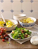 Parsley pasta, potatoes and a mixed salad with buttermilk dressing