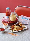 Vegetable fries, ketchup, and mayonnaise in a diner (USA)