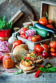 Bread with tomato sauce and roasted vegetables