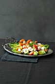 Greek salad with shrimp skewers