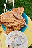 Heart shaped waffle lollies with a dip for a children's party in the garden