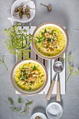 Creamy seafood chowder with smoked haddock, praws, mussels, squid and dill