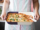 Courgette and aubergine lasagne in an oven dish