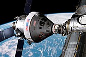 Crew exploration vehicle docked with ISS, illustration