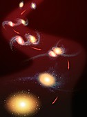 Galaxy collision and merger, illustration