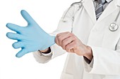 Male doctor putting on blue latex glove