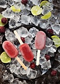 Healthy Fruit Popsicles with Cherry and Lime on Ice
