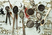 Various types of pepper on spoons and in small bowls on a wooden background