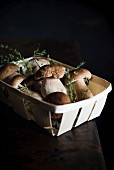 Fresh porcini mushrooms in a wooden basket