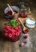 Raspberry jam, fresh raspberries, sugar, and mint