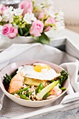 Miso yum yum with brown rice, salmon, vegetables and a fried egg