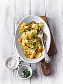 Sweet tagliatelle with peach and coconut sauce