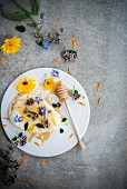 Cottage cheese with honey and edible flowers