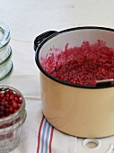 Lingonberry jam in a saucepan