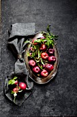 Äpfel und Nektarinen auf Serviette und Servierplatte vor grauem Hintergrund