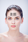Woman with barcode on forehead