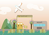 Airplane with biofuel pump at an airport, illustration