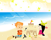 Boy and a girl playing with sand on the beach, illustration
