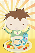Boy having breakfast, illustration