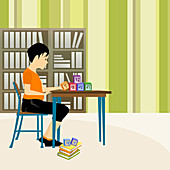 Boy playing with alphabet blocks in a library, illustration