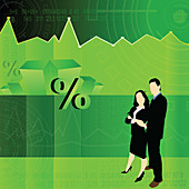 Business executives in front of stock index, illustration