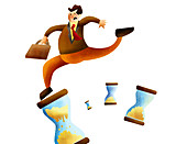 Businessman holding briefcase and running, illustration