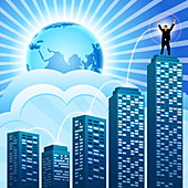 Businessman standing on the top of a building, illustration