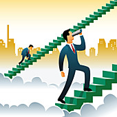 Businessmen climbing up steps over the clouds, illustration