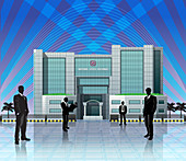 Businessmen in front of stock market building, illustration