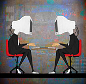 Businessmen with computers in place of heads, illustration