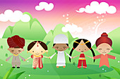 Children of different religions joining hands, illustration
