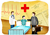 Doctor, medical insurance agent and patient, illustration