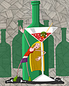Drunk young woman in party with martini glass, illustration