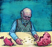 Elderly man with broken piggy bank, illustration