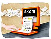Exam paper with desktop PC, illustration