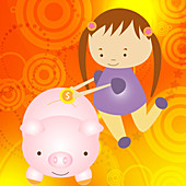 Girl putting a coin into a piggy bank, illustration