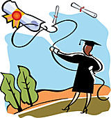 Graduate catching a diploma with a lasso, illustration