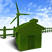 Green home with a wind turbine, illustration
