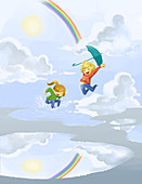 Happy siblings jumping in puddle, illustration