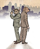 Illustration of bear and bull standing back to back