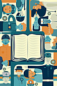 Illustration of book surrounded by successful people