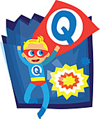 Illustration of boy in Q superhero costume