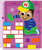 Illustration of boy making letter H with blocks