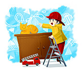 Illustration of boy reaching for cat