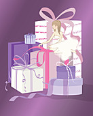 Illustration of bride opening gifts