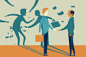 Illustration of businessman misleading colleague