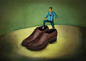 Illustration of businessman stepping in large shoes