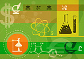 Illustration of currency symbols and science objects