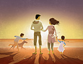 Illustration of family and pet on beach at sunset