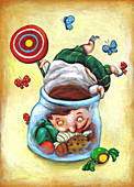 Illustration of fat boy in candy jar